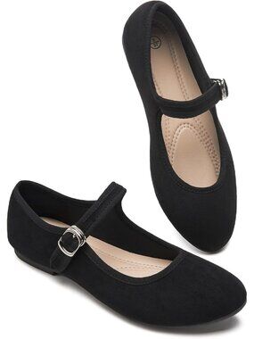 〽️Women's Mary Jane Flats Black Faux Suede Casual Adjustable Strap Closed Toe